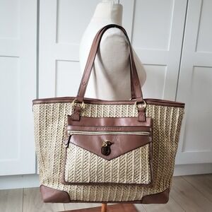 Juicy Couture Palm Springs Straw Tote Bag Brown Leather Trim Pink Lining